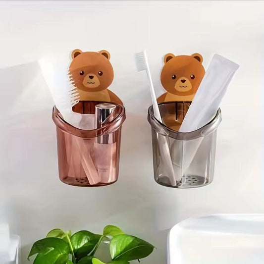 Cute bear patterned wall mounted toothbrush storage rack